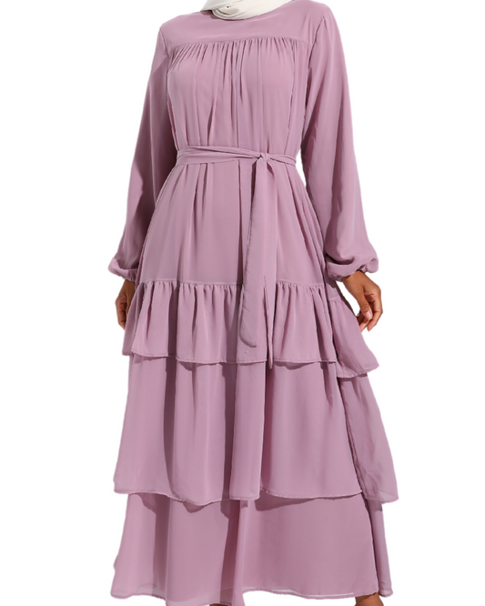 Lavender Frill Details Modest Dress with belt